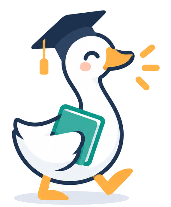 TutorGoose 原版鵝仔戴住畢業帽、抱住綠色書本向前行